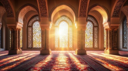 Captivating sunrise illuminating intricate arches in mosque architectural photography interior view
