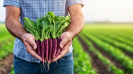 Farmers' fresh produce: purple carrots in hands