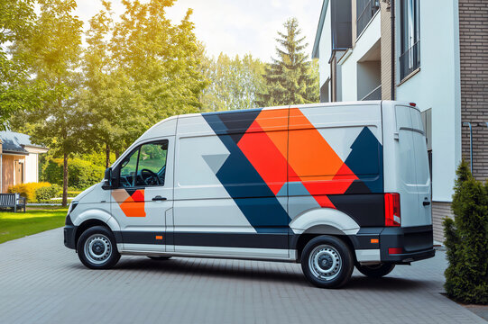 White delivery van with colorful customizable wrap parked near modern residential buildings in a suburban area, showcasing branding and logistics