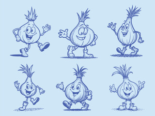 Onion Line Art Cute Character Cartoon. Vector Illustration Set Line Icon