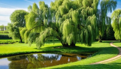 Willow near pond on spring countryside