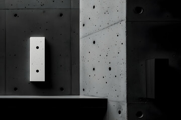 Abstract monochrome image of a white rectangular object mounted on a dark gray concrete wall.