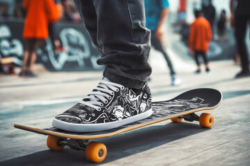 Close up of a skater's feet balancing on a customized skateboard deck in a skate park, showcasing unique shoes and board design