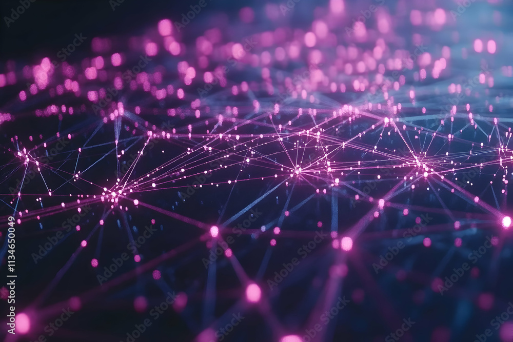 Poster abstract network connection background with glowing pink and blue nodes.