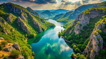 Fototapeta premium Aerial View of Matka Lake and Treska River: Serene Mountain Range Canyon Panorama Captured from Above, Showcasing Nature's Beauty and Tranquility in Majestic Landscapes