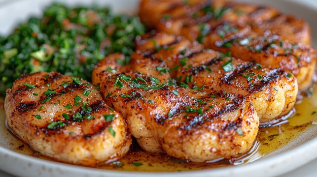 Delicious roasted cauliflower steaks are served sautéed greens and drizzled creamy tahini sauce. Vibrant herbs enhance golden brown cauliflower creating visually stunning dish.