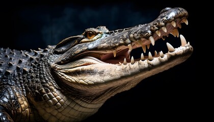 Obraz premium Crocodile close-up, wildlife portrait, intense gaze, scaly texture, sharp teeth, reptile macro