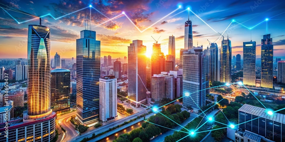 Poster aerial view of modern business district with financial data overlays, showcasing technology and netw