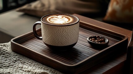 Latte Art in a Ceramic Mug on Wooden Tray