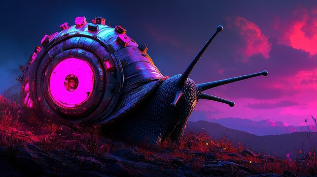 Futuristic snail with neon shell on a vibrant landscape