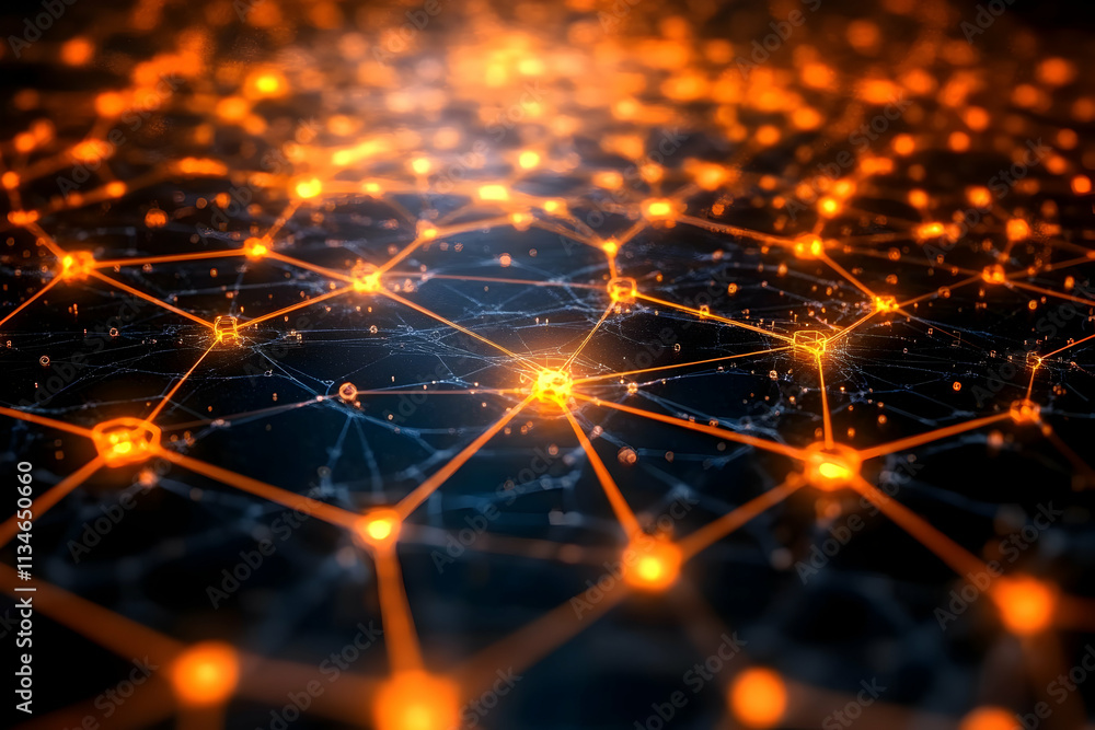 Poster abstract network connection nodes glowing orange.