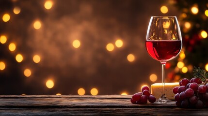 Red wine with grapes and cheese on wooden table