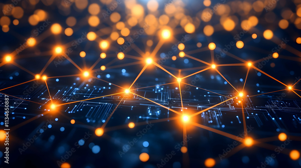 Poster abstract network connection with glowing nodes and lines on a circuit board.