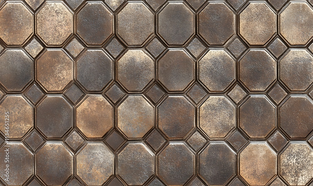 Poster octagonal metal tiles with rusted texture.