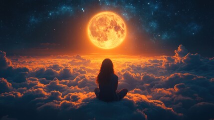 Obraz premium A serene figure gazes at a vibrant full moon above a cloud-filled sky.