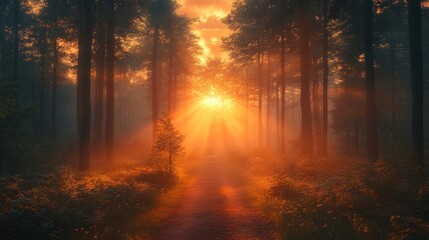 Obraz premium A serene forest at sunset, with rays of light filtering through the trees and illuminating the path.