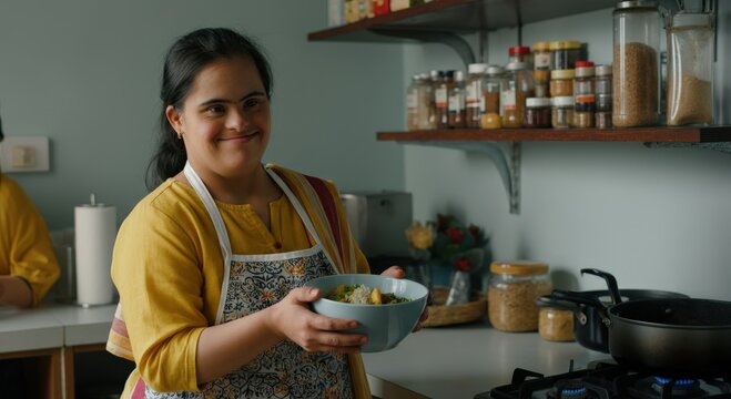 Young hispanic woman with down syndrome cooking in a cozy kitchen