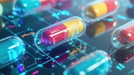 Innovative pharmaceutical capsules displayed on digital data matrix in modern laboratory environment