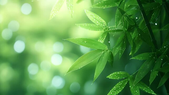 Close up bamboo grove with natural blurred green backdrop. copy space, trendy summer jungle style, floral green pattern background, botanical tropical leaves, sun light, shadows. slow motion footage