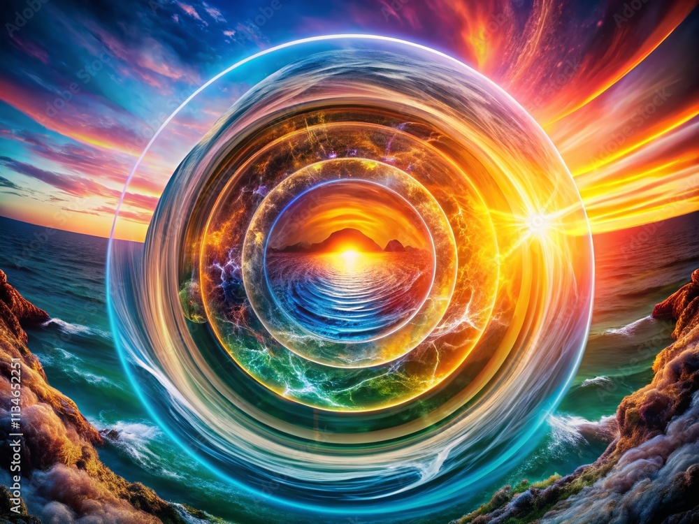 Poster aerial view of pulsating energy waves in a circular design captured from above, showcasing vibrant c