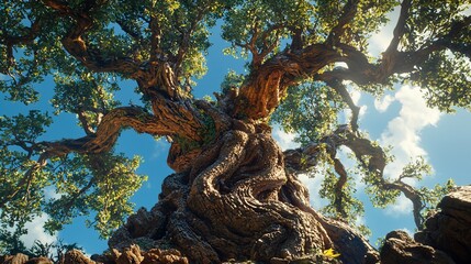 Fototapeta premium Ancient gnarled tree, sunlight, leaves, sky.