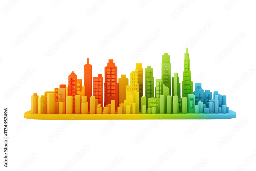 Poster a colorful skyline composed of various building silhouettes arranged in a wave pattern, showcasing a