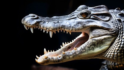 Obraz premium Crocodile Close-Up. Close-up view of a crocodile's open mouth with visible teeth