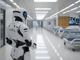 A futuristic medical robot stands in a sterile hospital hallway.