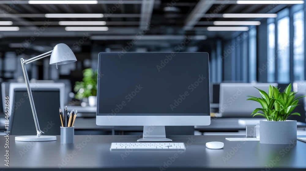 Aufkleber modern workspace with computer and greenery