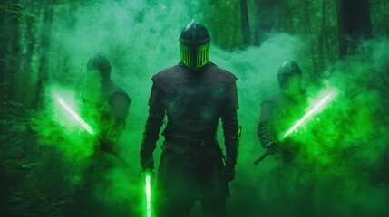 Fototapeta premium Mystical knights in a foggy enchanted forest