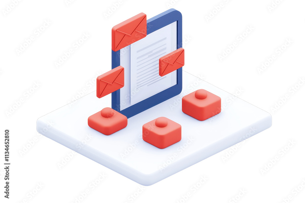 Poster a digital illustration featuring an email management interface with envelopes and a document, symbol