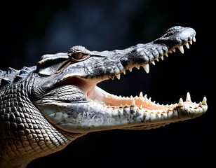 Fototapeta premium Crocodile Close-Up. Close-up view of a crocodile's open mouth with visible teeth