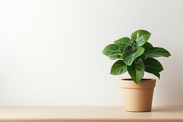 Obraz premium A bright minimalist workspace with a single green plant, a light wooden desk, and a white background