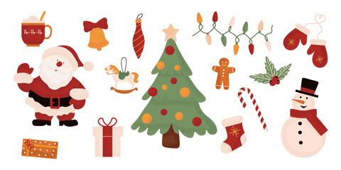 Set of holiday Christmas design elements. Collection of beautiful decorative elements with Santa, presents, fur tree, wreaths