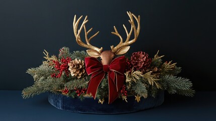 Festive Holiday Centerpiece with Glittering Antlers, Pine Cones, Red Berries, and Elegant Bow in a Beautiful Arrangement for Christmas Decorations
