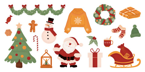 Large set of holiday Christmas design elements. Collection of beautiful decorative elements with Santa, presents, fur tree, wreaths