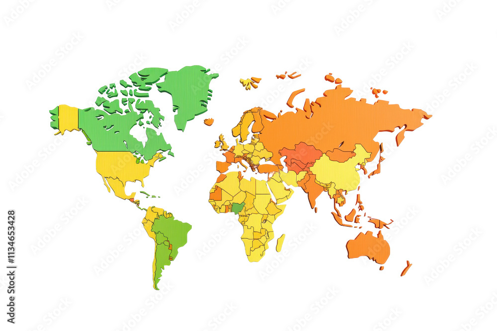 Poster a colorful world map highlighting different regions with various shades representing distinct geogra