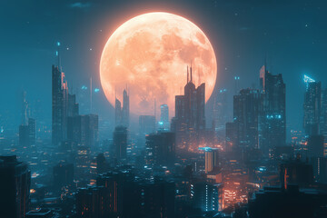 Obraz premium A futuristic cityscape illuminated by a large, glowing moon in the background
