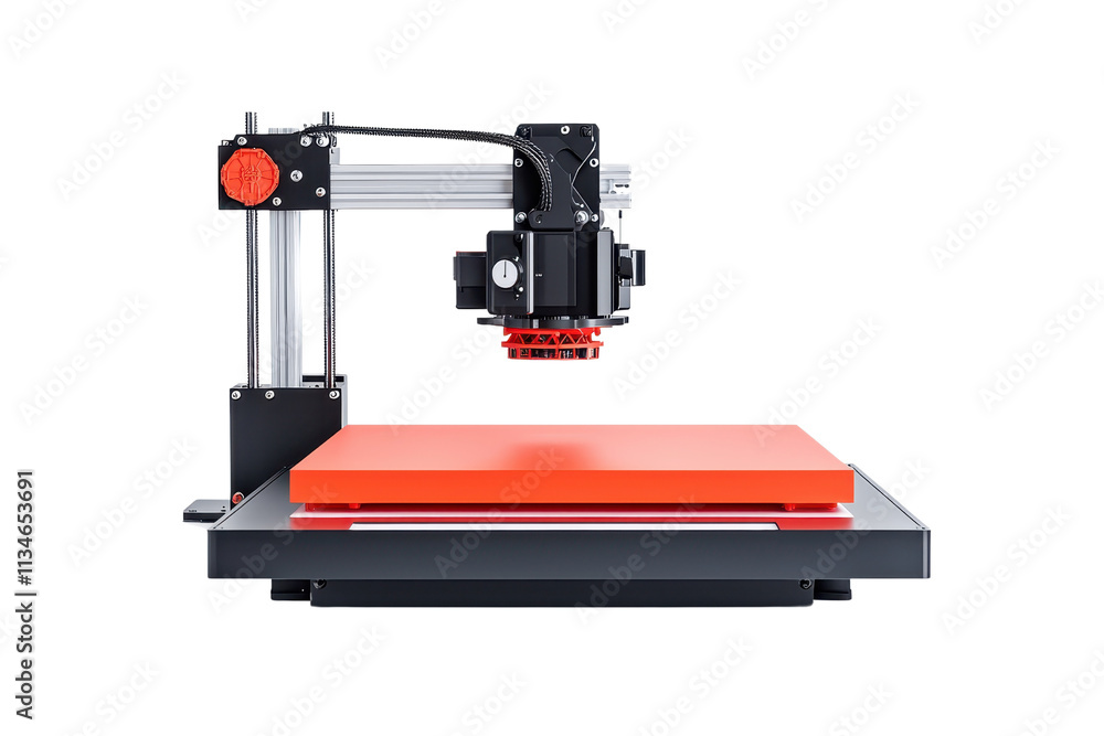 Poster a precision machine featuring a mechanical arm and a flat, orange platform, designed for high-accura
