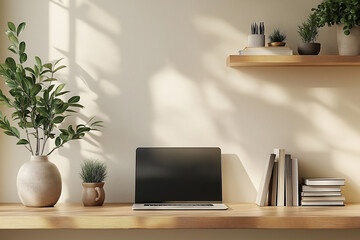 Fototapeta premium A minimal office shelf holding a laptop, a small stack of books, and a decorative plant, set against a neutral background