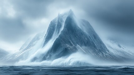 A dramatic mountain peak shrouded in mist and waves, evoking a sense of mystery.