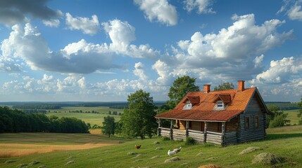 Fototapeta premium A rustic wooden house on a hillside with a scenic landscape and clouds.
