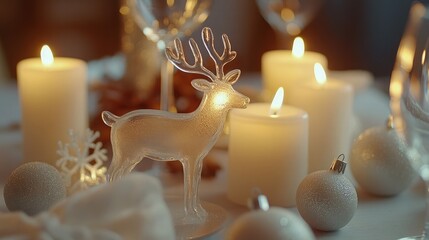 Elegant Holiday Table Setting with Decorative Reindeer, Glowing Candles, and Shiny Ornaments for a Magical Christmas Celebration