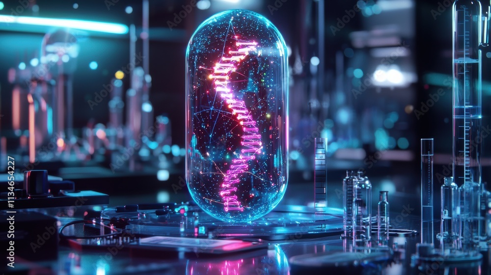 Poster close-up of dynamic dna visualization futuristic digital art in a high-tech laboratory