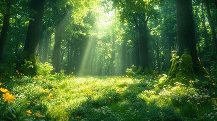 Fototapeta premium A serene forest scene with sunlight filtering through trees, illuminating a flower-filled meadow.