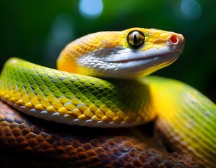 Fototapeta premium Detailed close-up of a snake's vibrant yellow and green scales, its head slightly raised with focused eyes.