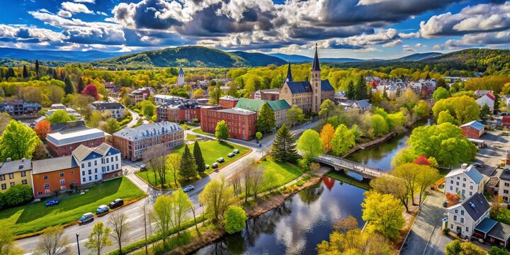 Aerial View of Springtime Hanover, NH: Stunning Architectural Photography Capturing the Beauty of Nature and Urban Life on a Partly Cloudy Day