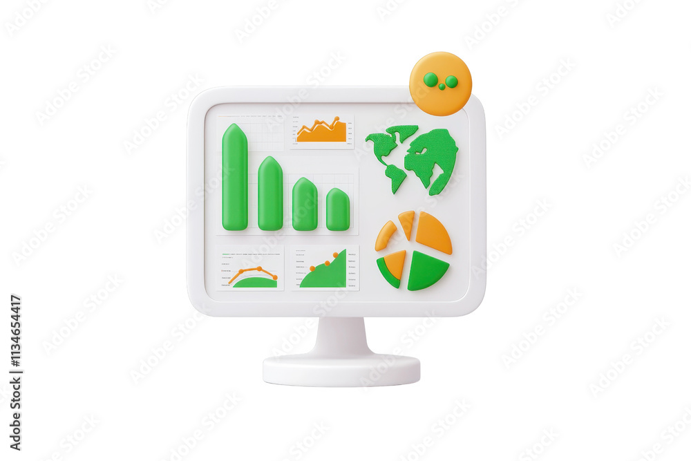 Poster a computer monitor displaying various graphs and charts in green and orange colors.