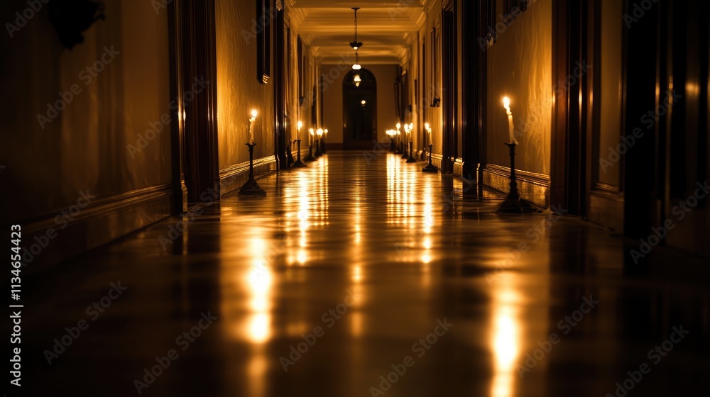 Poster dimly lit corridor with flickering candlelight creating mysterious atmosphere in historic building d