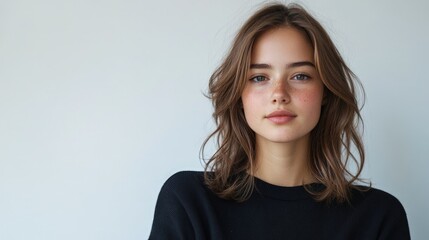 Fototapeta premium Young woman with shoulder-length brown hair, wearing a black sweater, looking directly at the camera against a white background.